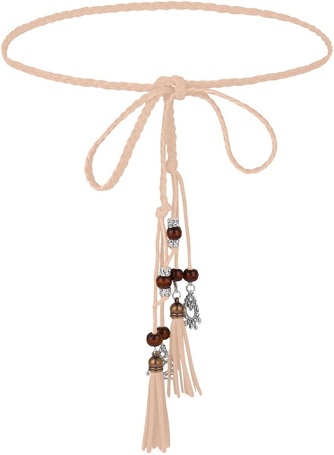 NIDMIDO Women's PU Leather Waist Belts Woven Tassels Chain Belt Skinny Rope Belt Chain for Skirt Dress Boho Style (Khaki) - Image 1